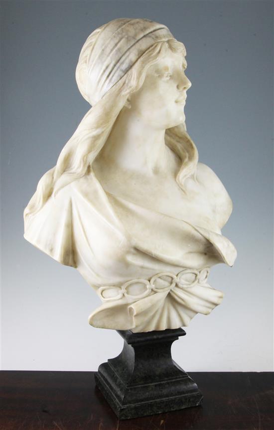 A Continental Art Nouveau carved marble bust modelled as a young woman, 21.5in.